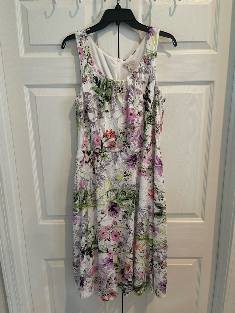 Sleeveless White Midi Dress with Pink & Green Floral Print